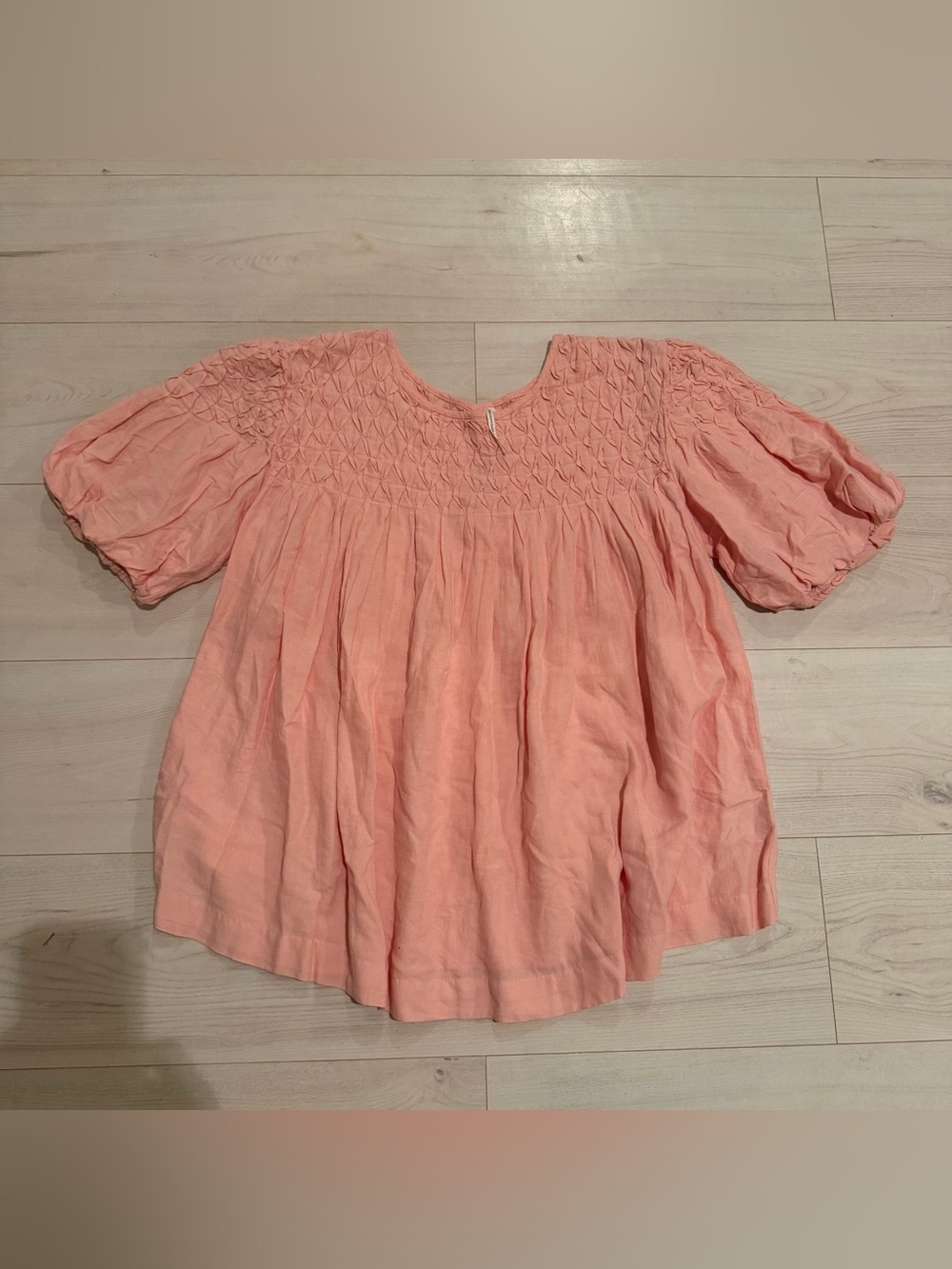 Anthropologie Peach Smocked Yoke Puff-Sleeve Blouse